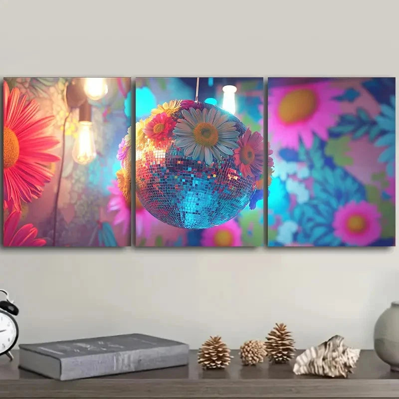 3pcs Vibrant Disco Ball & Floral Wall Art Set Canvas Framed 60x90cm - High Quality Print 100% Australian Made Wall Canvas Ready to Hang - Bella Home Decor