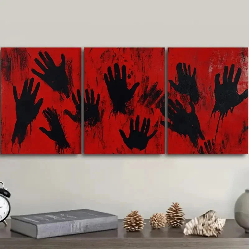 3pcs Red with Black Handprints RB Wall Art Set Canvas Framed 50x70cm - High Quality Print 100% Australian Made Wall Canvas Ready to Hang