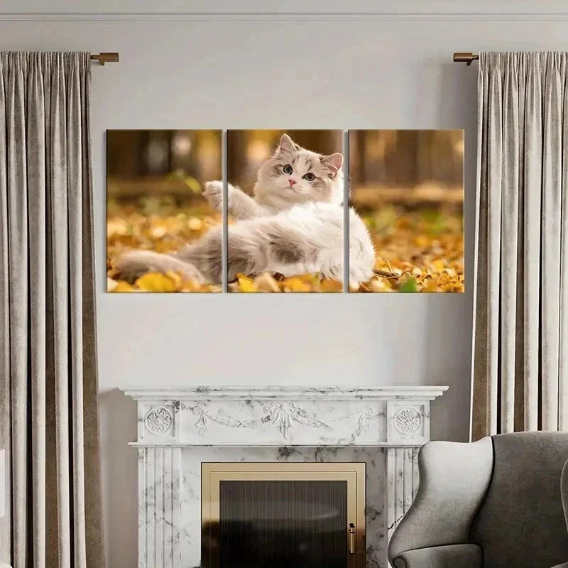 3pcs Cute Kitten in Autumn Splendor Wall Art Set Canvas Framed 40x60cm - High Quality Print 100% Australian Made Wall Canvas Ready to Hang - Bella Home Decor