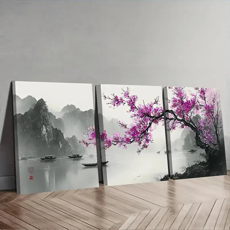 3pcs Purple Plum Blossoms In Full Bloom Wall Art Set Canvas Framed 60x90cm - High Quality Print 100% Australian Made Wall Canvas Ready to Hang