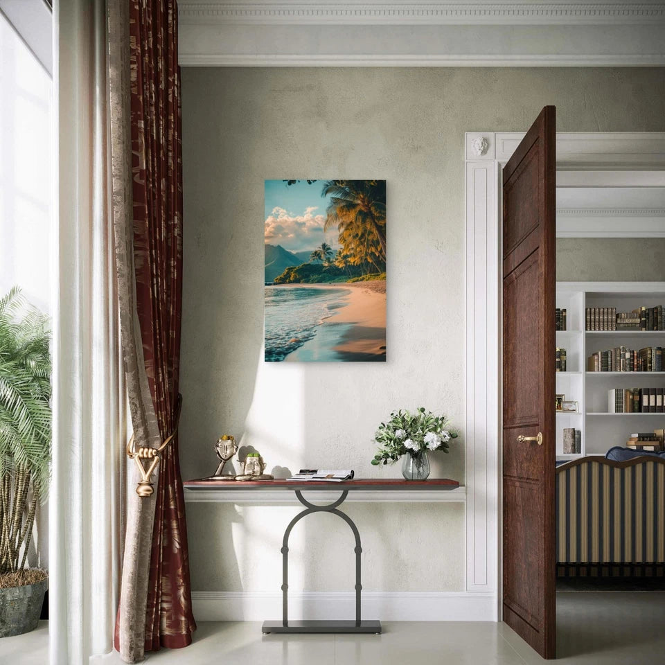 Tropical Palm Beach Sunset Ocean Waves 40x60cm Metal Print Ready to Hang