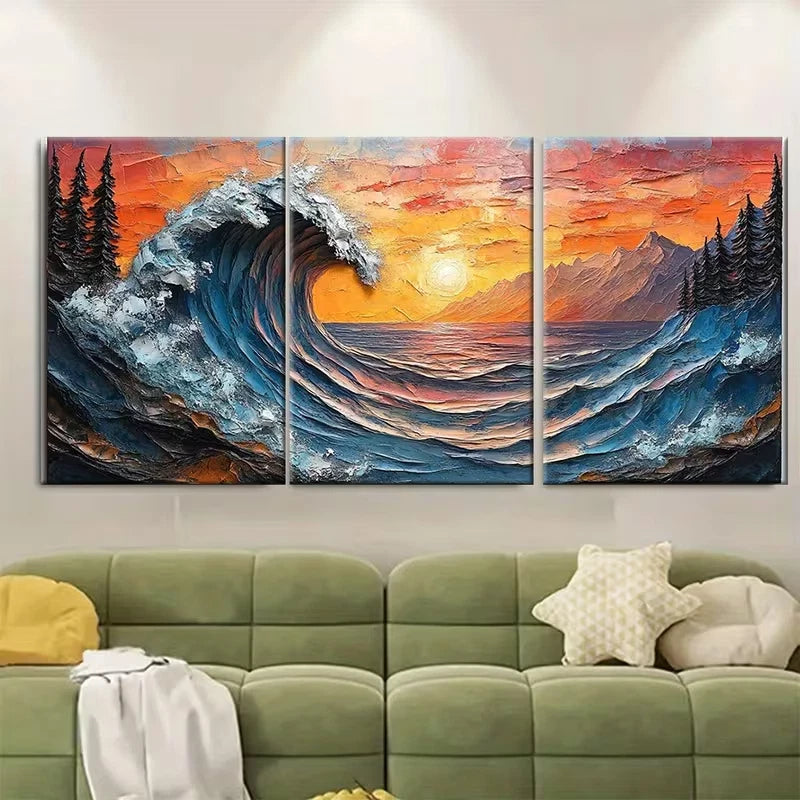 3pcs Textured Coastal Oil Painting Metal Print Ready to Hang Art