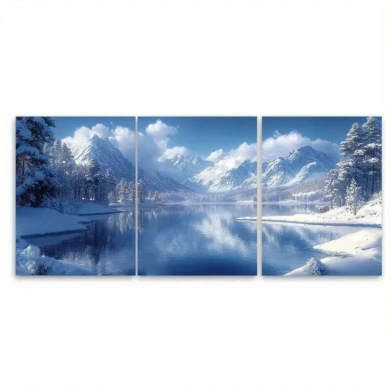 3pcs Snowy Lake Mountains CZ Wall Art Set Canvas Framed 60x90cm - High Quality Print 100% Australian Made Wall Canvas Ready to Hang - Bella Home Decor