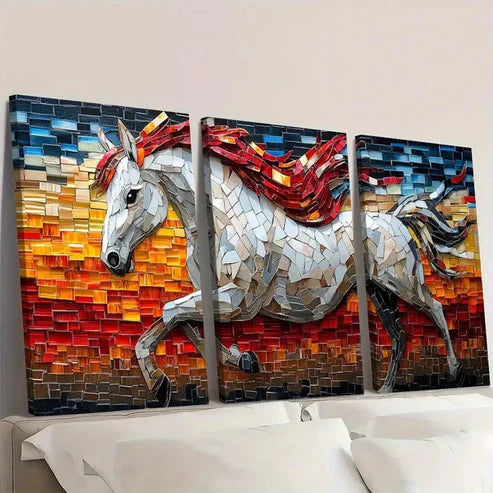 3pcs Mosaic Horse Vibrant Blue Red & Golden Wall Art Set Canvas Unframed - High Quality Print 100% Australian Made Wall Canvas