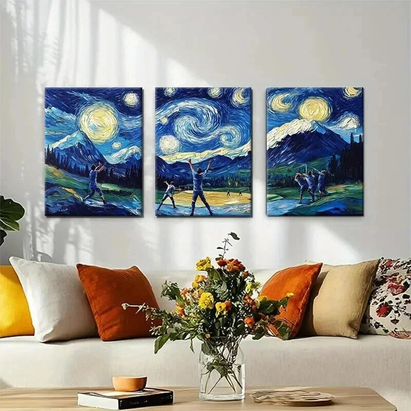 3pcs Baseball Starry Gogh Style Night Perfect Wall Art Set Canvas Framed 40x60cm - High Quality Print 100% Australian Made Wall Canvas Ready to Hang - Bella Home Decor