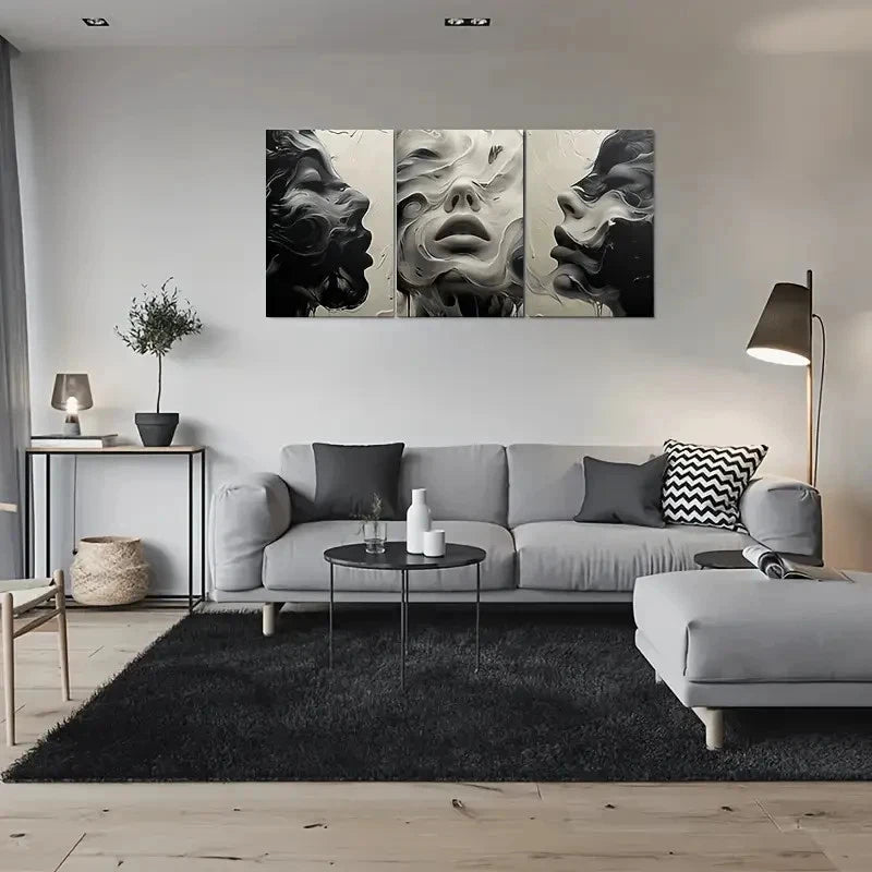3pcs Back White and Gray Face Paintings Wall Art Set Canvas Framed 40x60cm - High Quality Print 100% Australian Made Wall Canvas Ready to Hang - Bella Home Decor