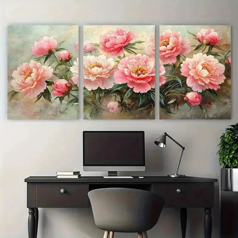 3pcs Vintage Floral Pink Peonies Lilies Perfect Wall Art Set Canvas Framed 50x70cm - High Quality Print 100% Australian Made Wall Canvas Ready to Hang