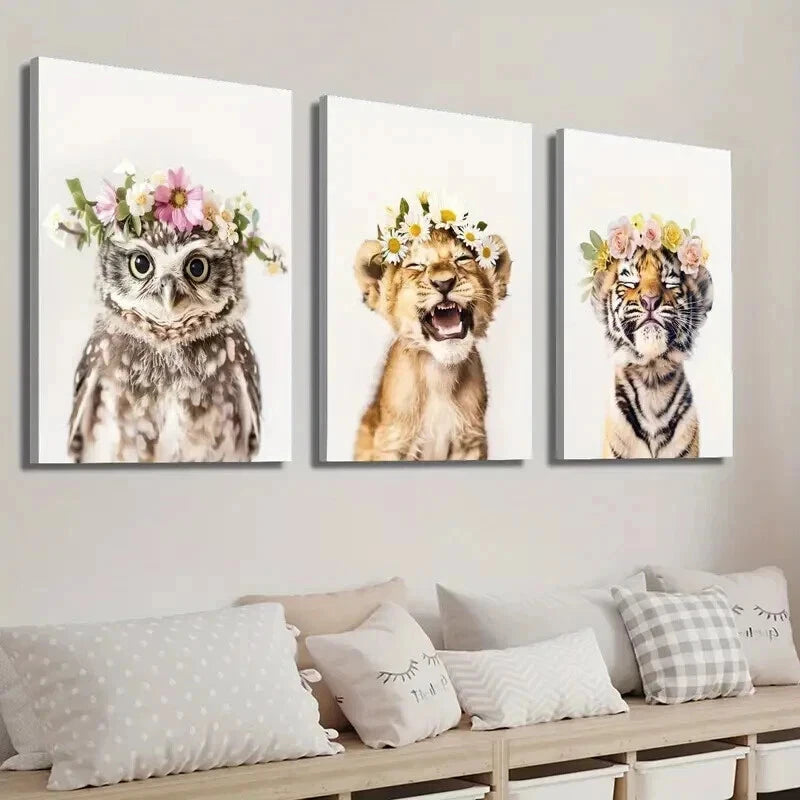 3pcs Adorable Animal Floral Crowns Perfect Wall Art Set Canvas Framed 60x90cm - High Quality Print 100% Australian Made Wall Canvas Ready to Hang - Bella Home Decor