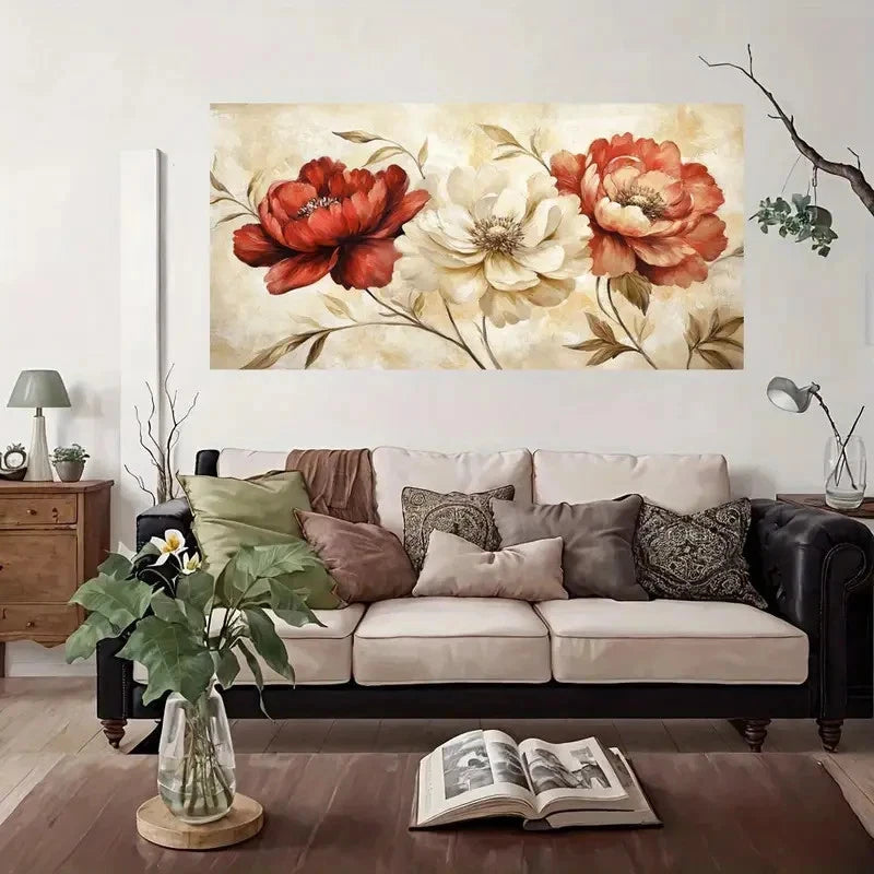 Red White Floral Wall Art Canvas Office Home Room Framed 120x60cm