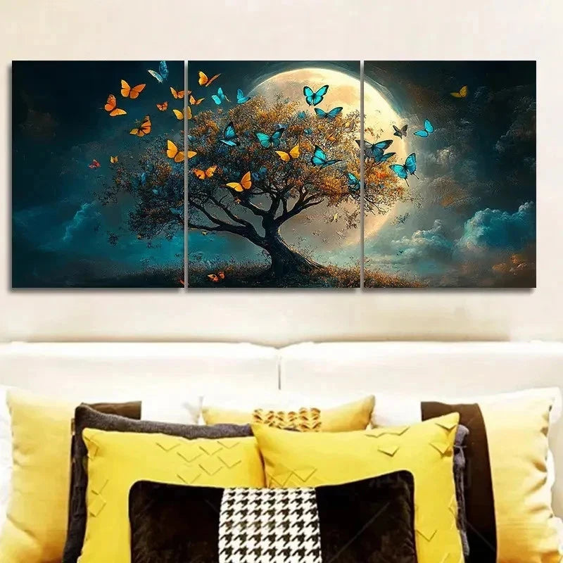 3pcs Vibrant Blue & Golden Forest Wall Art Set Canvas Framed 50x70cm - High Quality Print 100% Australian Made Wall Canvas Ready to Hang