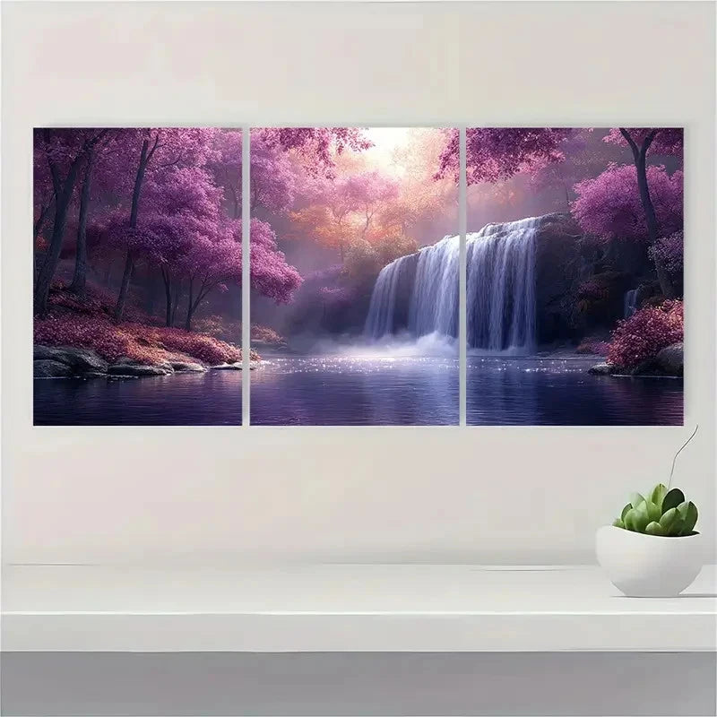 3pcs Purple Trees Forest Landscape Wall Art Set Canvas Framed 50x70cm - High Quality Print 100% Australian Made Wall Canvas Ready to Hang