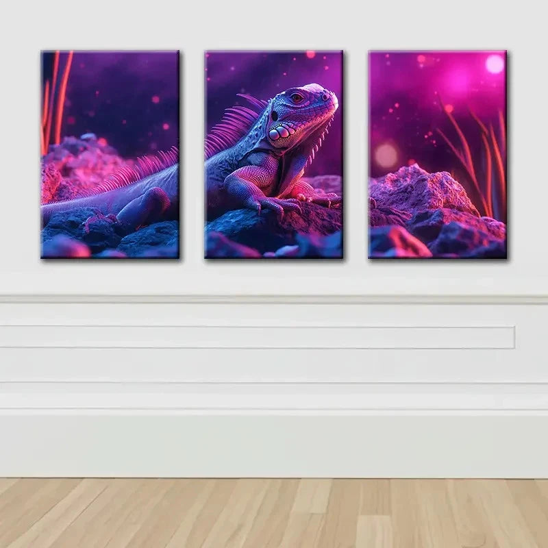 3pcs Lizard Illustration Modern Painting Wall Art Set Canvas Framed 60x90cm - High Quality Print 100% Australian Made Wall Canvas Ready to Hang