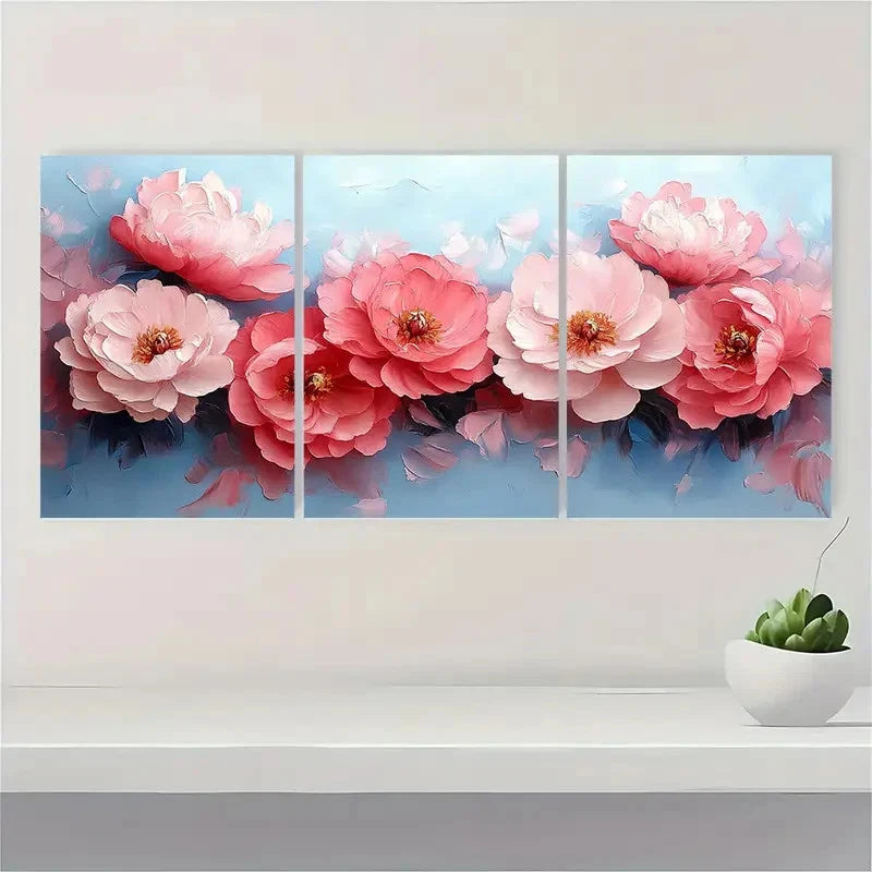 3pcs Pastel Pink Peonies Impasto GH Wall Art Set Canvas Framed 40x60cm - High Quality Print 100% Australian Made Wall Canvas Ready to Hang