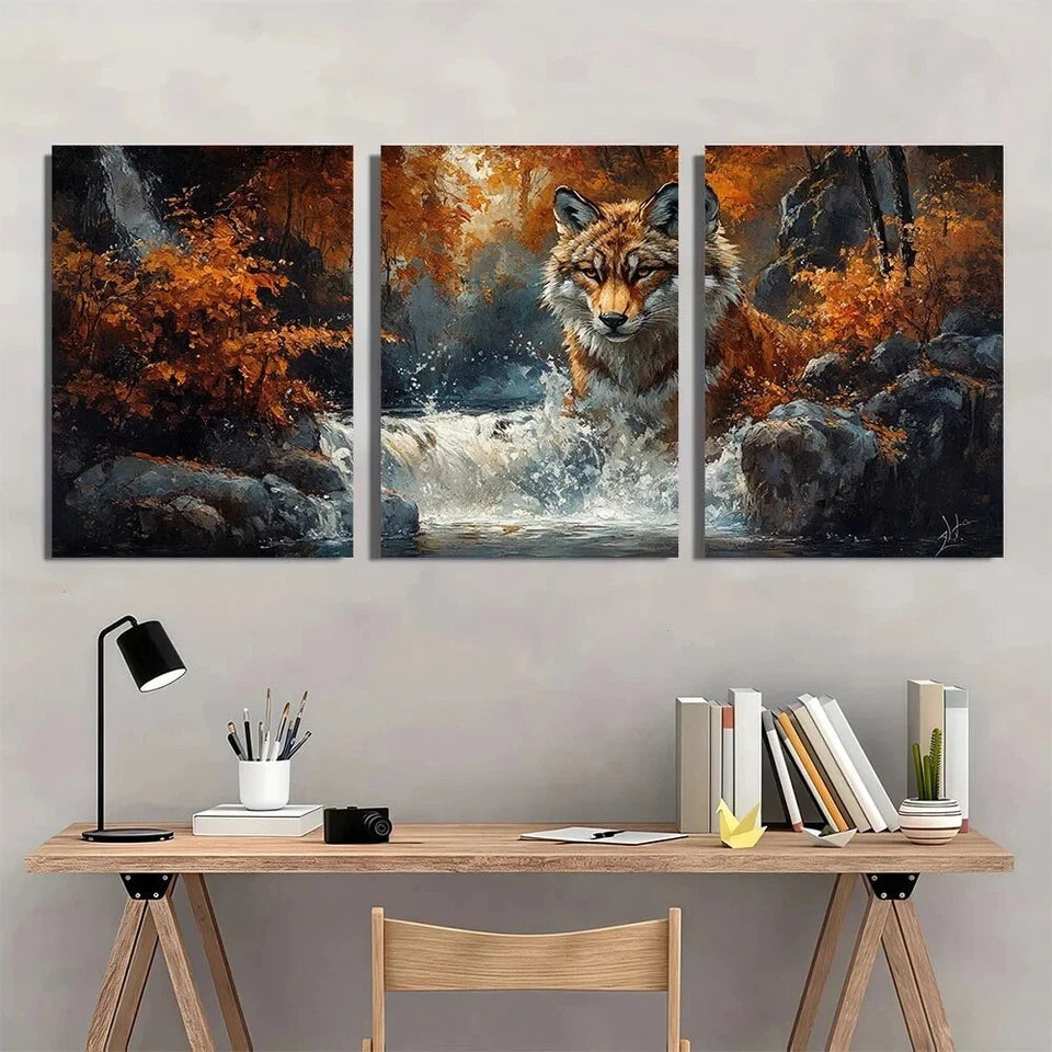 3pcs Wolf in Autumn Forest Scene Metal Print Ready to Hang Art