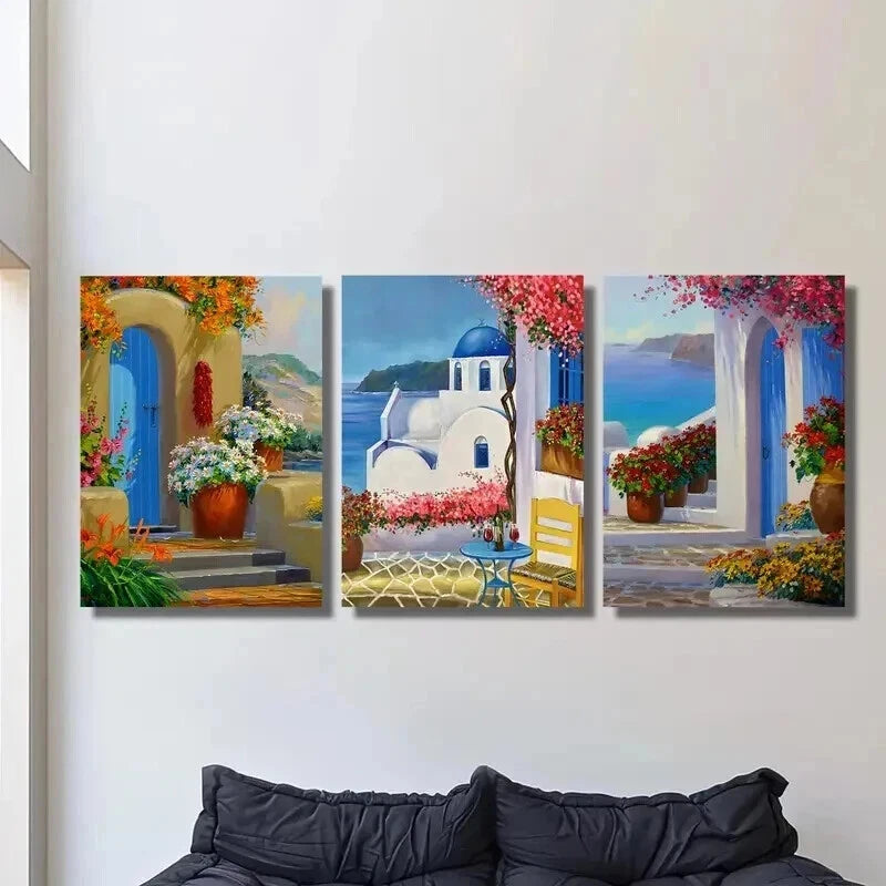 3pcs Santorini Greece Landscape & Floral Garden Wall Art Set Canvas Framed 50x70cm - High Quality Print 100% Australian Made Wall Canvas Ready to Hang