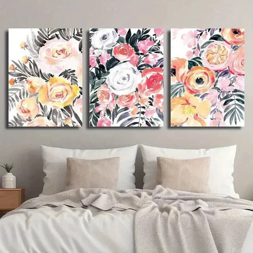 3pcs Botanical Colorful Flowers and Plant Leaves Wall Art Set Canvas Unframed - High Quality Print 100% Australian Made Wall Canvas - Bella Home Decor