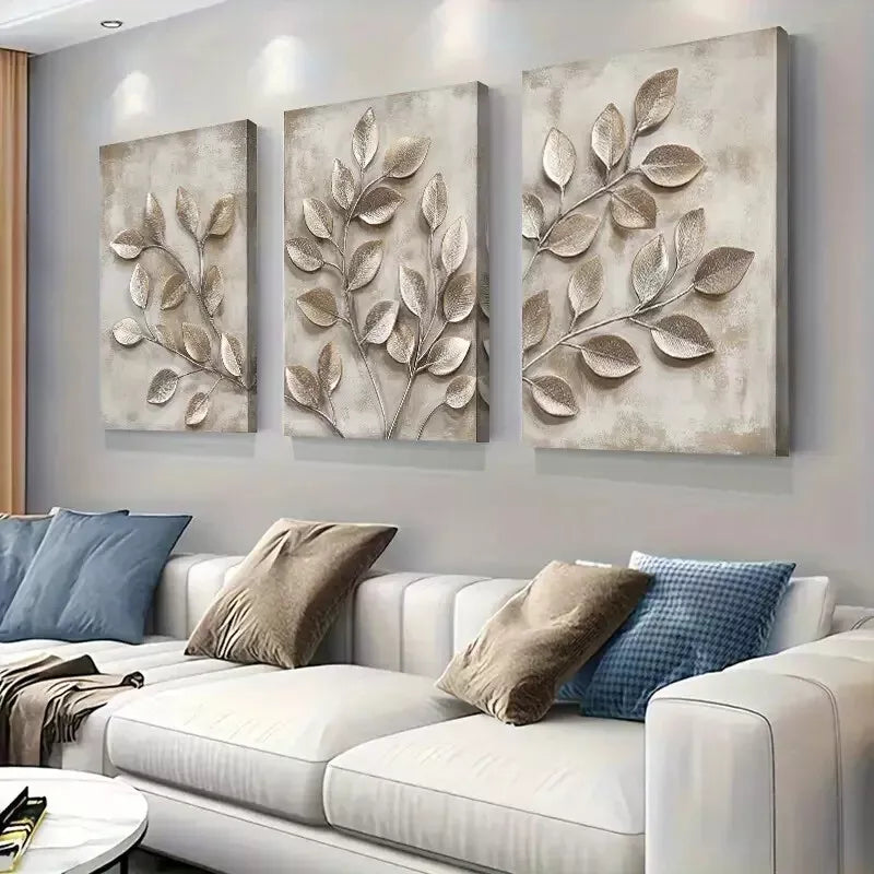3pcs Metallic Leaf Branch Triptych Wall Art Set Canvas Framed 40x60cm - High Quality Print 100% Australian Made Wall Canvas Ready to Hang