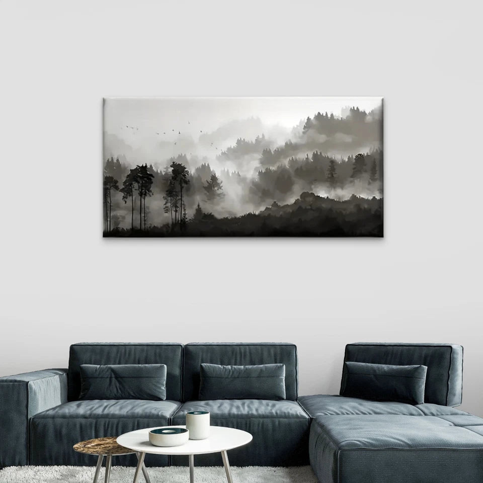 Black White Forest Misty Wall Art Canvas Office Home Room Framed 120x60cm