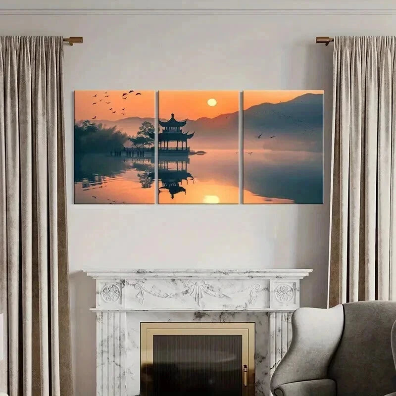 3pcs Traditional Chinese Landscape Decor Wall Art Set Canvas Framed 60x90cm - High Quality Print 100% Australian Made Wall Canvas Ready to Hang - Bella Home Decor