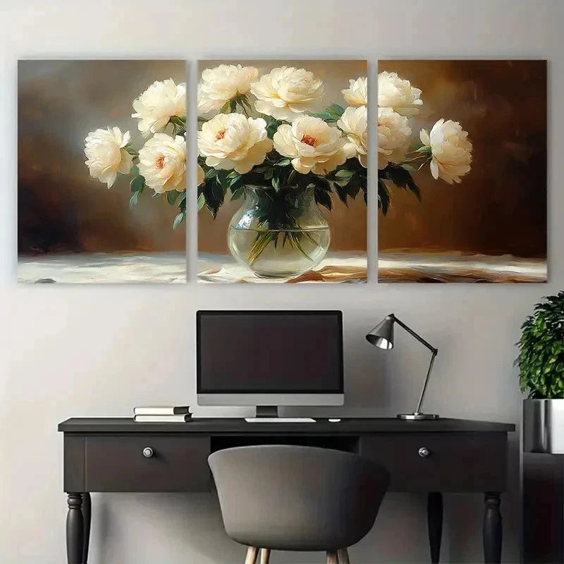 3pcs White Roses Peonies Peony Flowers Perfect Wall Art Set Canvas Framed 50x70cm - High Quality Print 100% Australian Made Wall Canvas Ready to Hang