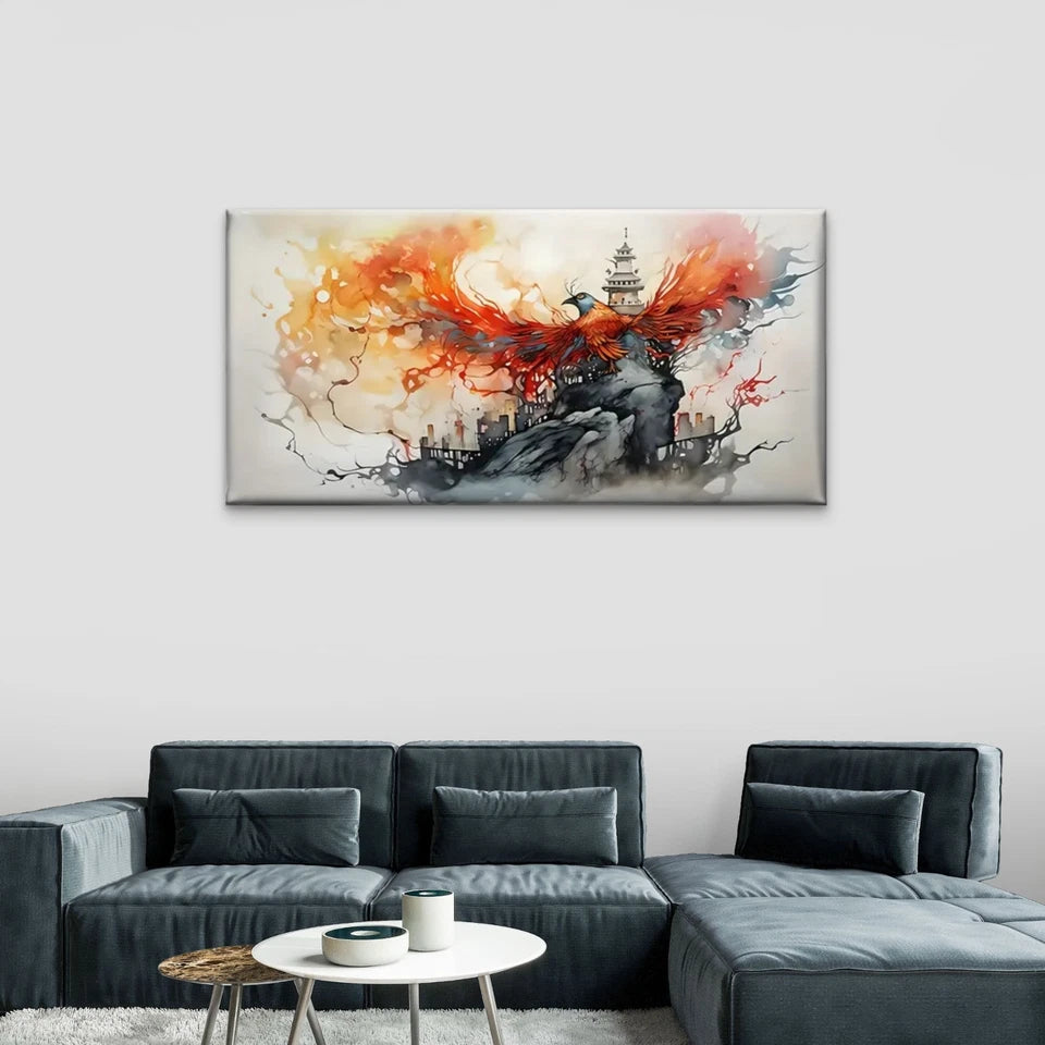 Vibrant Phoenix Rising Castle Wall Art Canvas Office Home Room Framed 120x60cm - Bella Home Decor