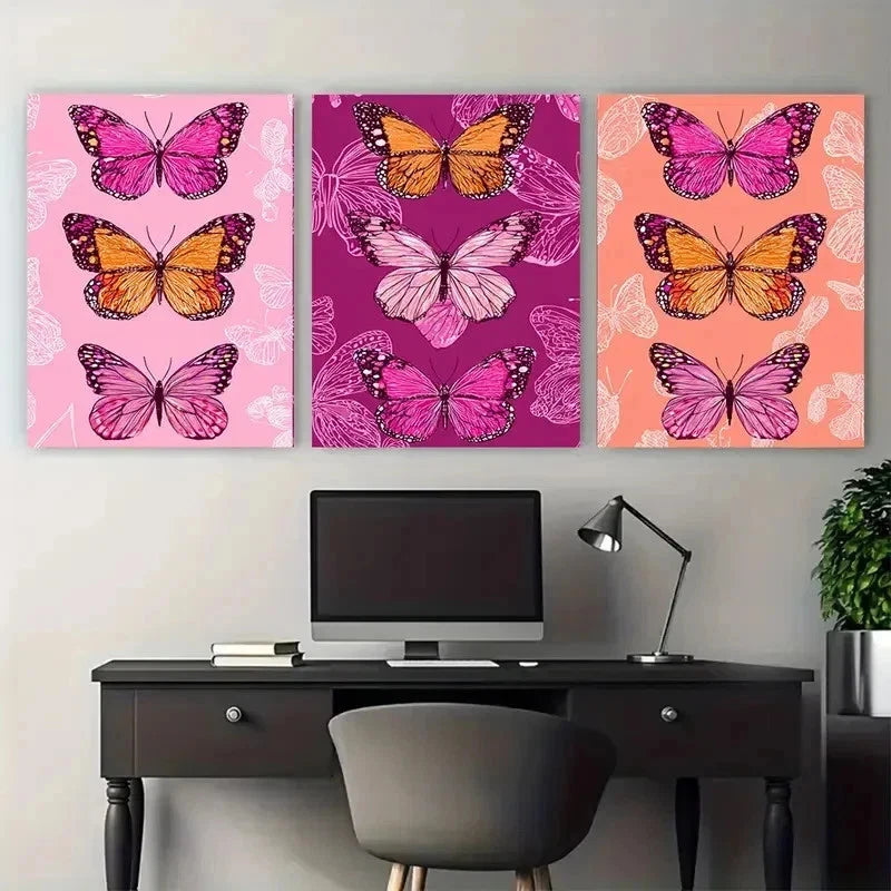 3pcs Pink Orange Butterfly Nature Perfect Wall Art Set Canvas Framed 50x70cm - High Quality Print 100% Australian Made Wall Canvas Ready to Hang