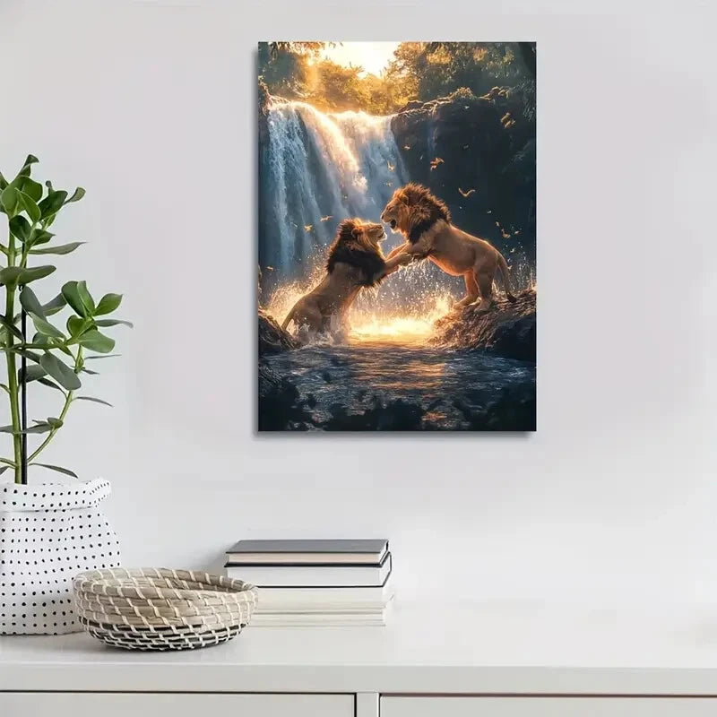 Dreamlike Lion Playful Scene Near Painting 40x60cm Metal Print Ready to Hang