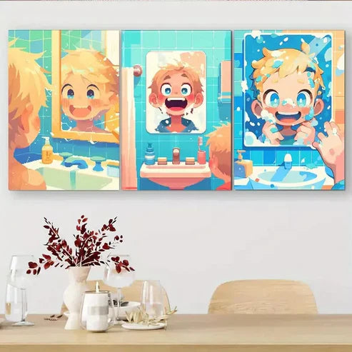3 PCS Cute Boy Washing Face Comic-Style Wall Art Set Canvas Unframed - High Quality Print 100% Australian Made Wall Canvas - Bella Home Decor