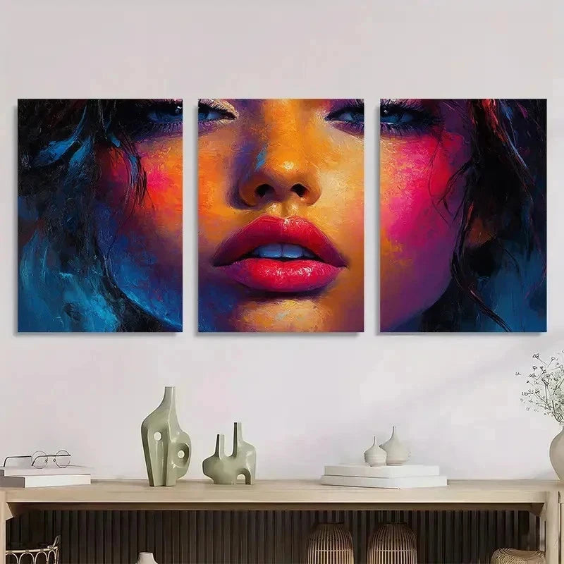 3pcs Textured Girl Face Abstract Perfect Wall Art Set Canvas Framed 60x90cm - High Quality Print 100% Australian Made Wall Canvas Ready to Hang