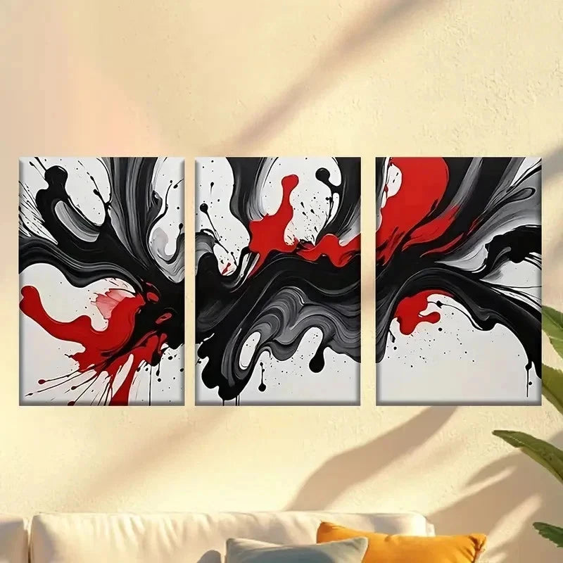 3pcs black & red abstract paint splatter Wall Art Set Canvas Framed 60x90cm - High Quality Print 100% Australian Made Wall Canvas Ready to Hang - Bella Home Decor