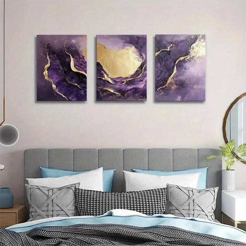 3pcs Purple and Golden Abstract Fluid Wall Art Set Canvas Framed 50x70cm - High Quality Print 100% Australian Made Wall Canvas Ready to Hang