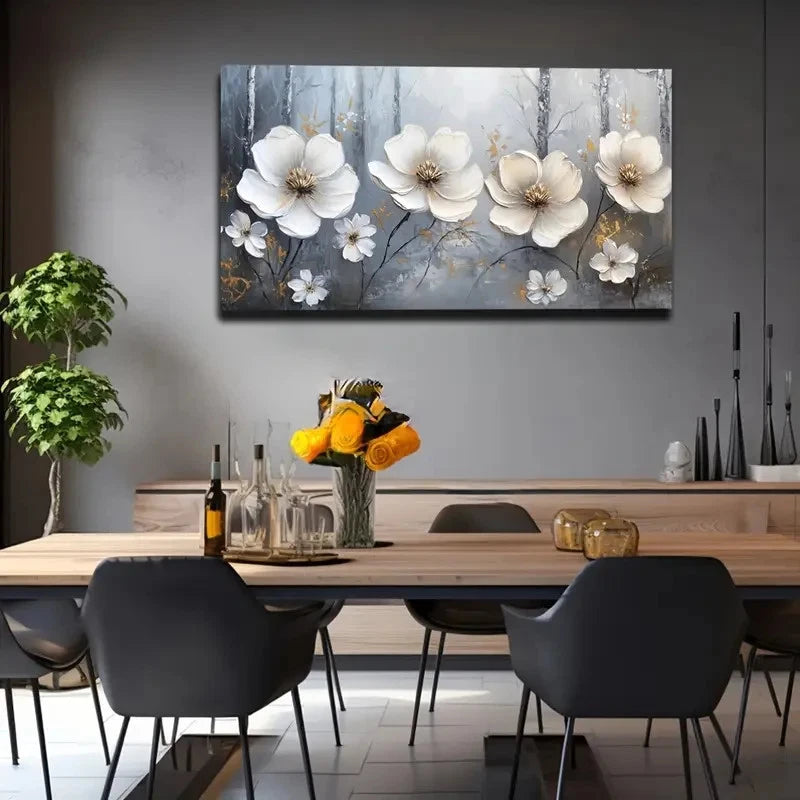 White Flowers Golden Accents Wall Art canvas office home room framed 120x60cm