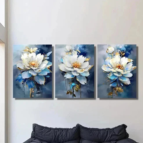 3pcs Modern Luxury Blue and White Floral Wall Art Set Canvas Unframed - High Quality Print 100% Australian Made Wall Canvas