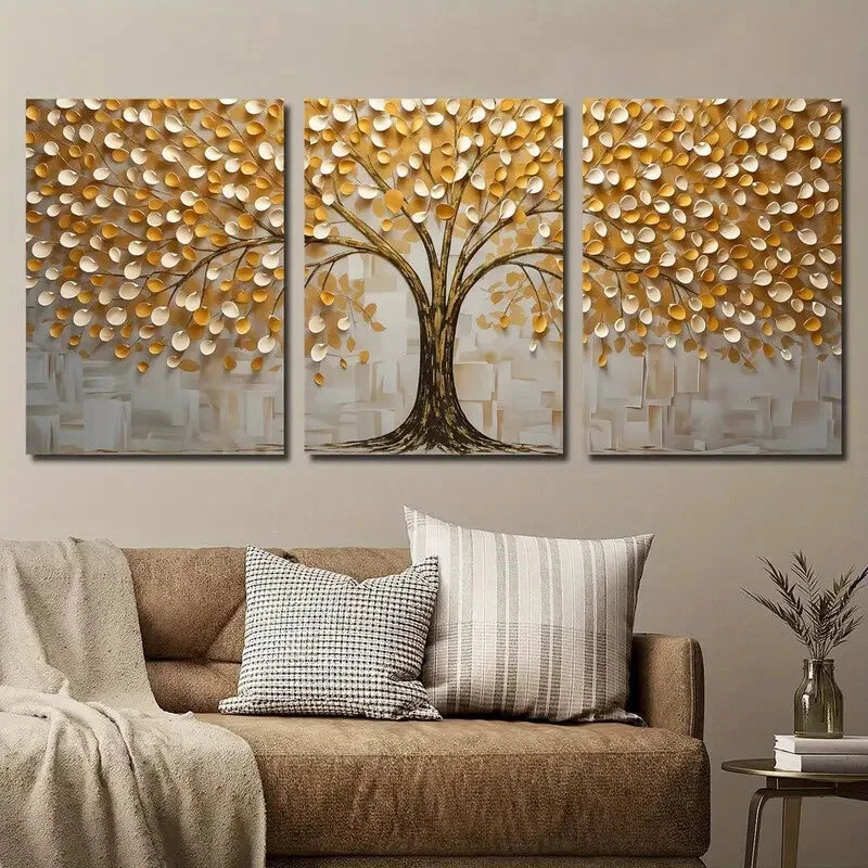 3pcs Golden Black and White Tree Texture Wall Art Set Canvas Framed 40x60cm - High Quality Print 100% Australian Made Wall Canvas Ready to Hang