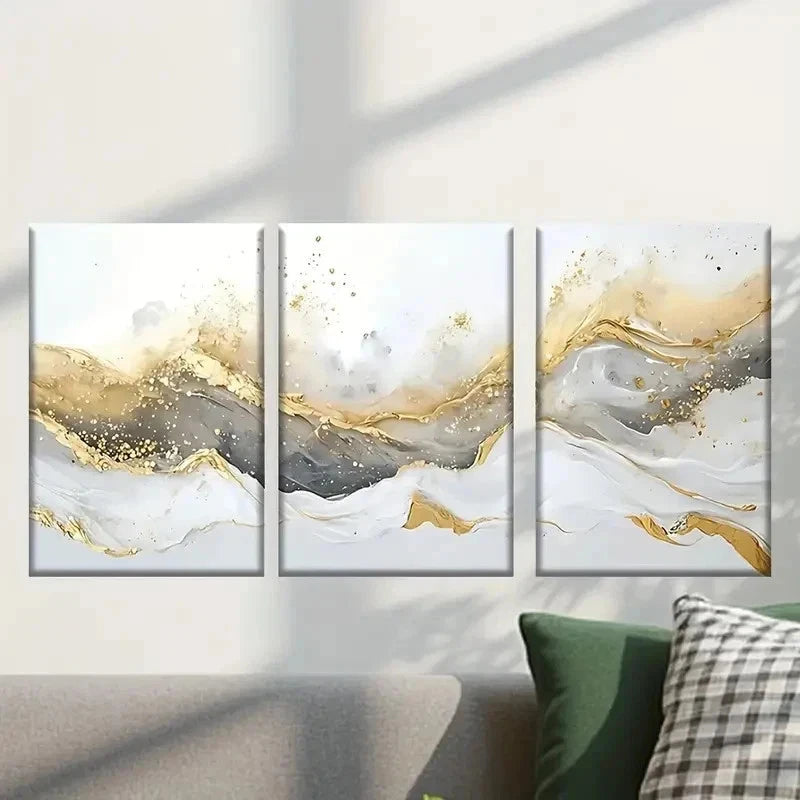 3pcs Golden & White Marble Design Wall Art Set Canvas Framed 50x70cm - High Quality Print 100% Australian Made Wall Canvas Ready to Hang - Bella Home Decor