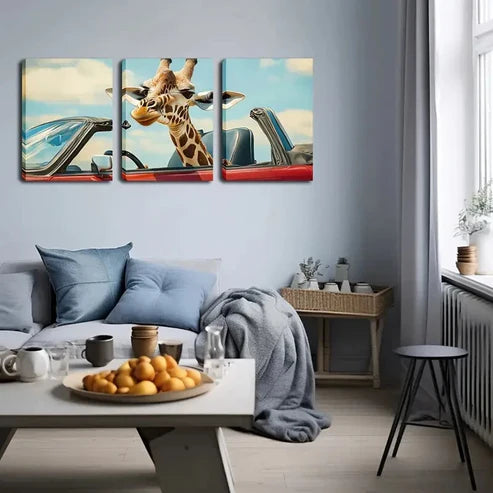 3pcs Whimsical Giraffe Red Convertible Wall Art Canvas Unframed - High Quality Print 100% Australian Made Wall Canvas
