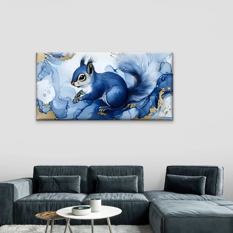 Squirrel Blue Golden Abstract Wall Art Canvas Office Home Room Framed 120x60cm