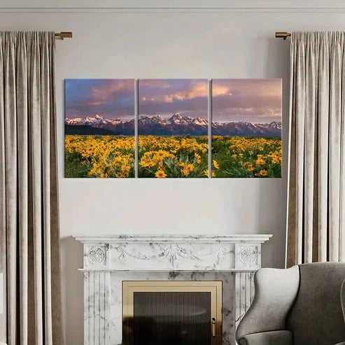 3pcs Flower Fields Mountains Sunset Modern Wall Art Canvas Unframed - High Quality Print 100% Australian Made Wall Canvas - Bella Home Decor