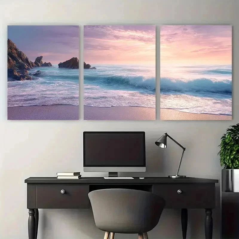 3pcs Seascape Sunrise Rocky Coastline Perfect Wall Art Set Canvas Framed 50x70cm - High Quality Print 100% Australian Made Wall Canvas Ready to Hang
