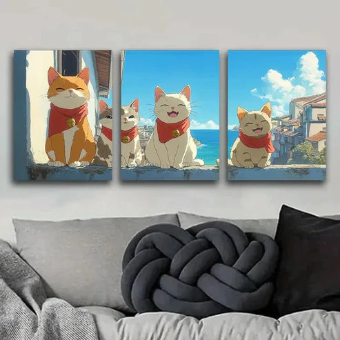 3pcs Happy Cat Orange Hanging Paintings Home Wall Art Set Canvas Unframed - High Quality Print 100% Australian Made Wall Canvas