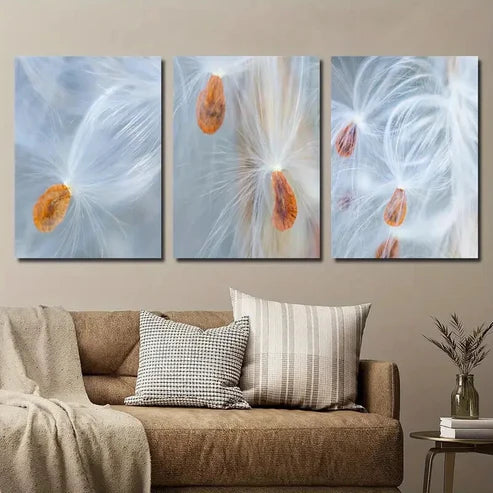 3pcs Vibrant Botanical Milkweed Seed Decor Wall Art Set Canvas Unframed - High Quality Print 100% Australian Made Wall Canvas