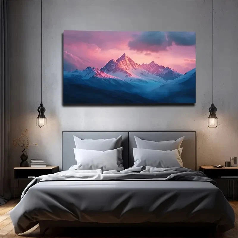 Bedroom with a large mountain landscape painting on the wall