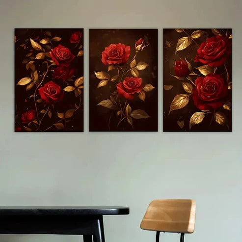 3pcs A bunch of red roses on a black Wall Art Set Canvas Unframed - High Quality Print 100% Australian Made Wall Canvas - Bella Home Decor