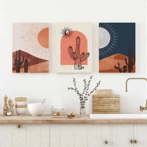 3pcs Desert Sunset Cacti & Sun Decor Wall Art Canvas Unframed - High Quality Print 100% Australian Made Wall Canvas - Bella Home Decor