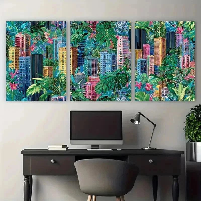 3pcs Colorful Cityscape Tropical Foliage Perfect Wall Art Set Canvas Framed 50x70cm - High Quality Print 100% Australian Made Wall Canvas Ready to Hang - Bella Home Decor