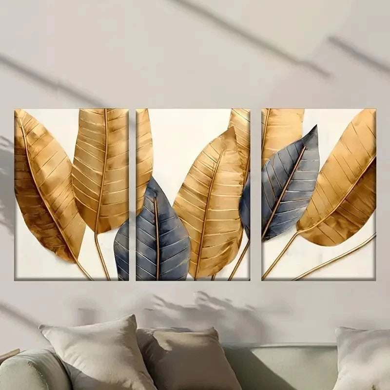 3pcs Three Golden Feathers on a White Wall Art Set Canvas Framed 60x90cm - High Quality Print 100% Australian Made Wall Canvas Ready to Hang