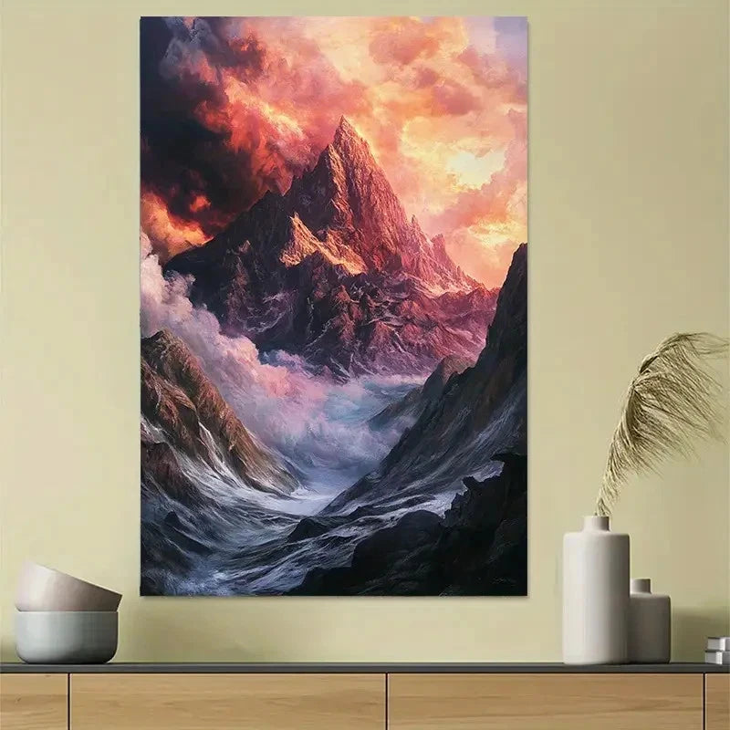 Snowy Mountain Sunset Pine Frame Poster 40x60cm Metal Print Ready to Hang