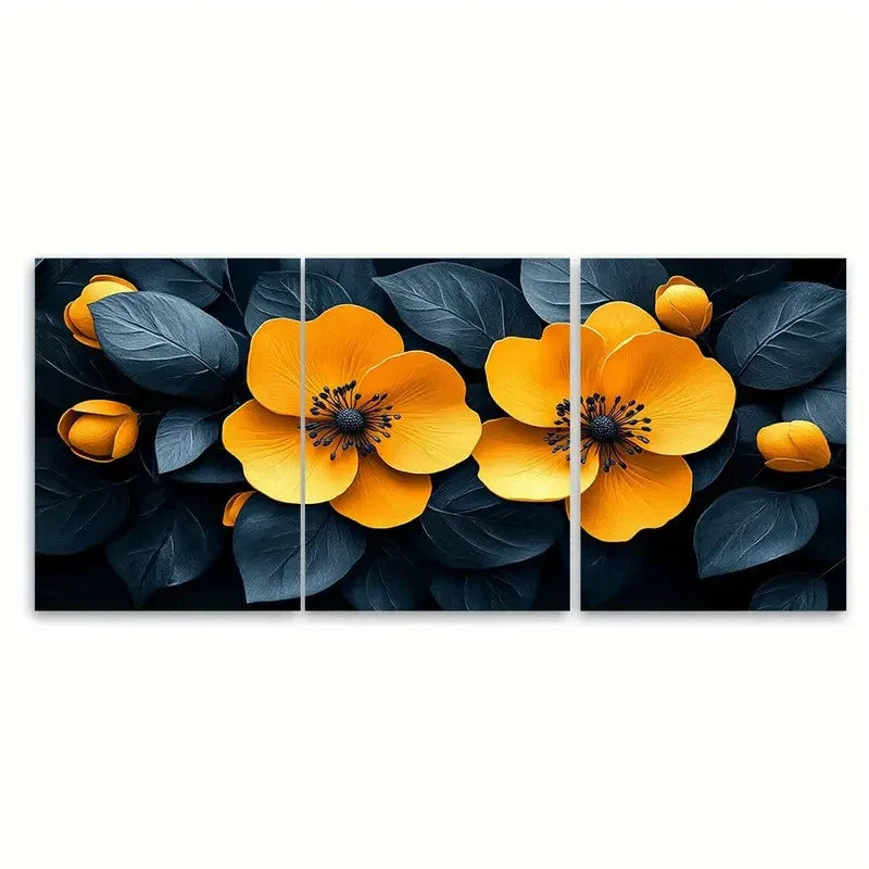 3pcs Modern Black and Yellow Floral ti Wall Art Set Canvas Framed 50x70cm - High Quality Print 100% Australian Made Wall Canvas Ready to Hang - Bella Home Decor