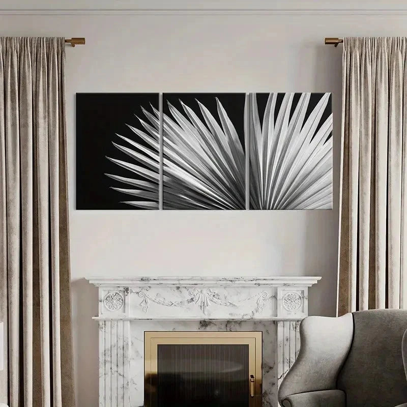 3pcs Black And White Abstract Palm Leaf Wall Art Set Canvas Framed 50x70cm - High Quality Print 100% Australian Made Wall Canvas Ready to Hang - Bella Home Decor