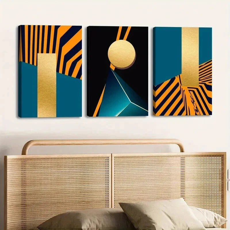 3pcs Geometric Orange & Golden Abstract Designs Wall Art Set Canvas Framed 60x90cm - High Quality Print 100% Australian Made Wall Canvas Ready to Hang